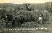 Bessie Trow and Nancy Trow haying, horse-drawn cart.